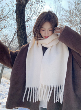 20%羊毛混纺白色围巾女冬季2025新款长款保暖仿羊绒围脖披肩两用