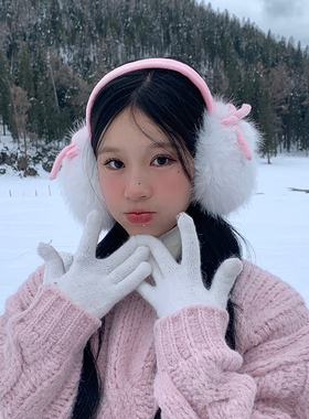 可爱白色耳罩女冬仿狐狸毛保暖耳包甜美蝴蝶结耳套防冻加绒耳捂子