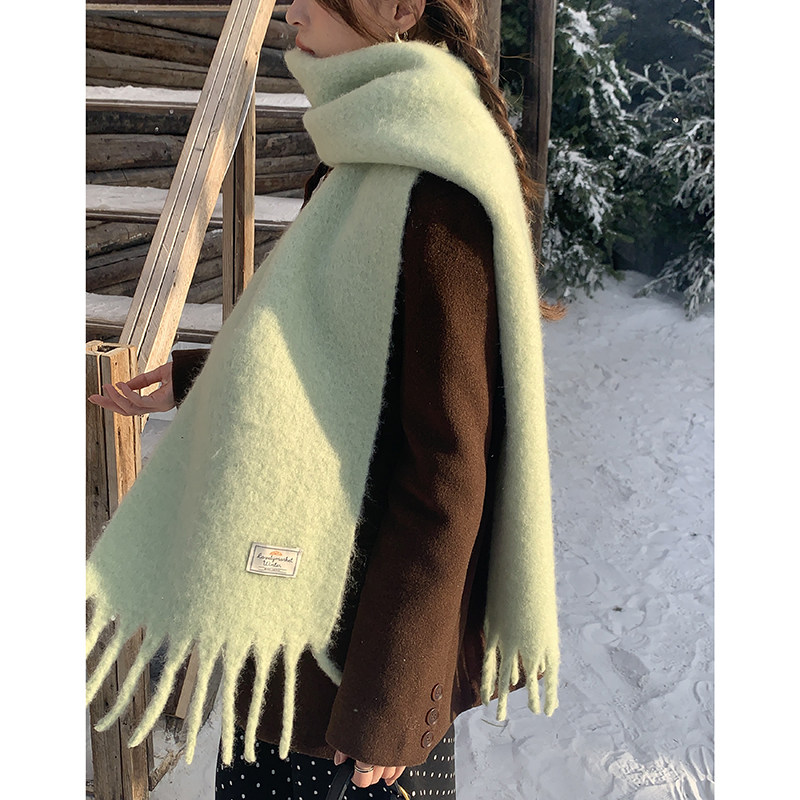 韩系薄荷绿色仿羊绒围巾女冬季
