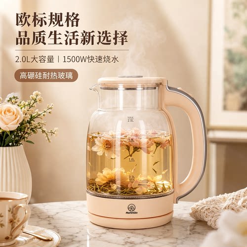 欧标插头电热水壶食品级高硼玻璃不锈钢烧水壶自动断电2L出口贸易