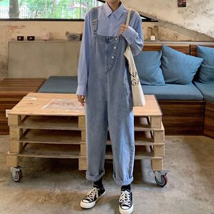 2021秋冬新款韩版大码胖mm学生减龄复古牛仔背带裤女连体直筒长裤
