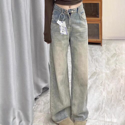 复古蓝直筒牛仔裤女春夏大码