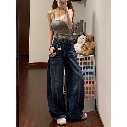 美式复古设计感阔腿牛仔裤女