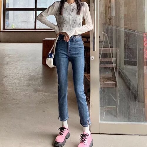 大码复古宽松直筒牛仔裤女