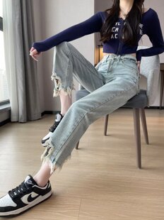 设计感小众不规则毛边牛仔裤女2023春夏新款高腰显瘦直筒浅色长裤