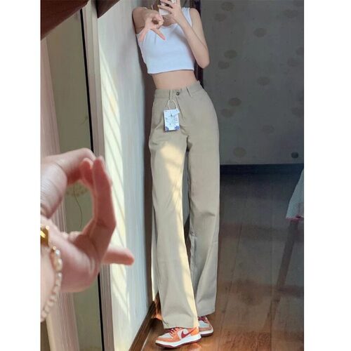 卡其色直筒阔腿裤梨形身材裤子