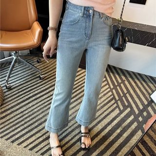 浅蓝色四面弹微喇牛仔裤女春夏新款大码胖妹妹mm显瘦小个子直筒裤