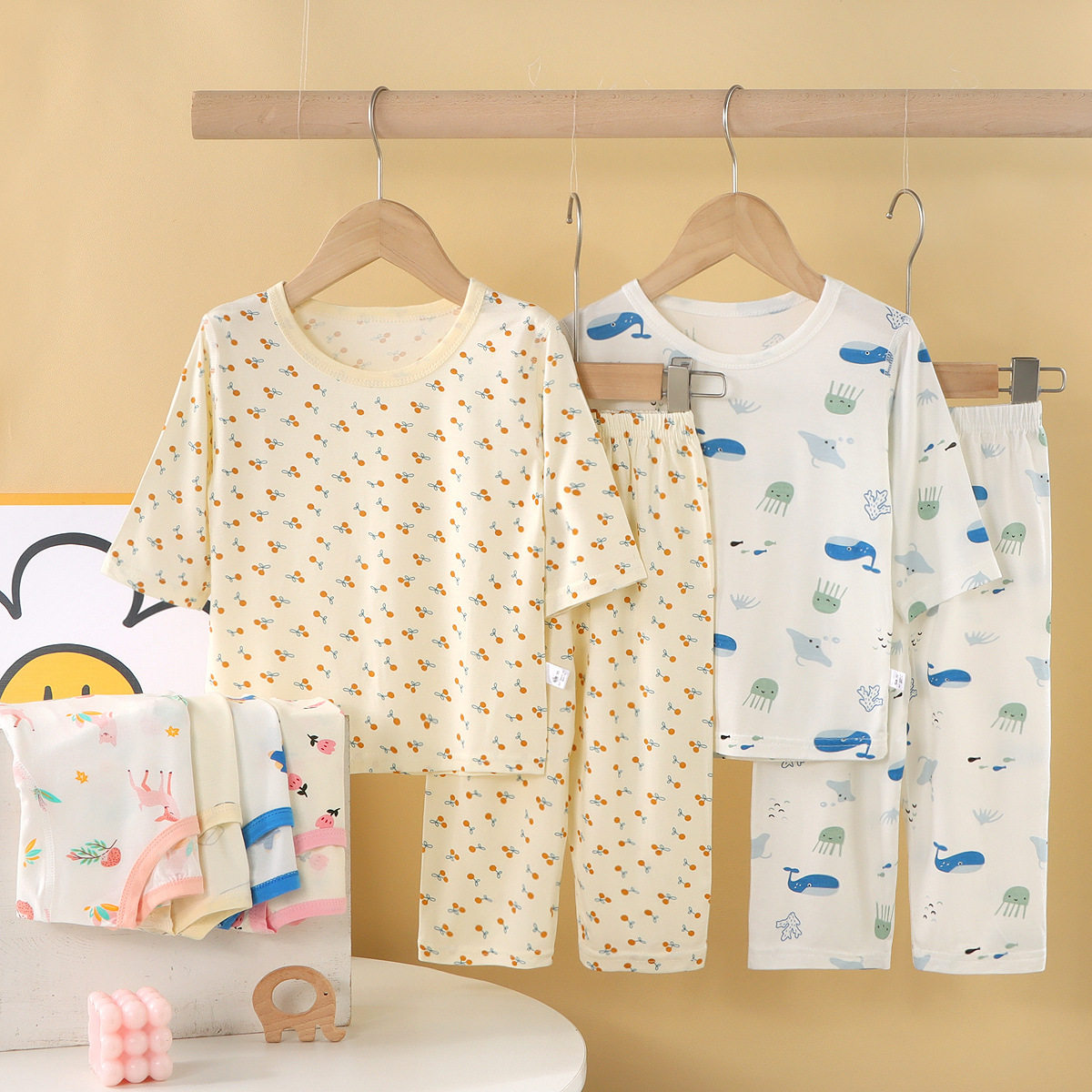 新款儿童莫代尔套装男女童空调服宝宝夏季薄款七分袖优可丝睡衣