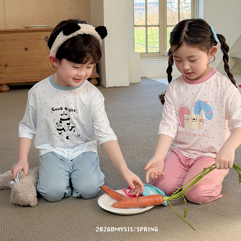 26儿童睡衣春夏莫代尔七分裤分体男女童家居服抗菌波点空调服套装