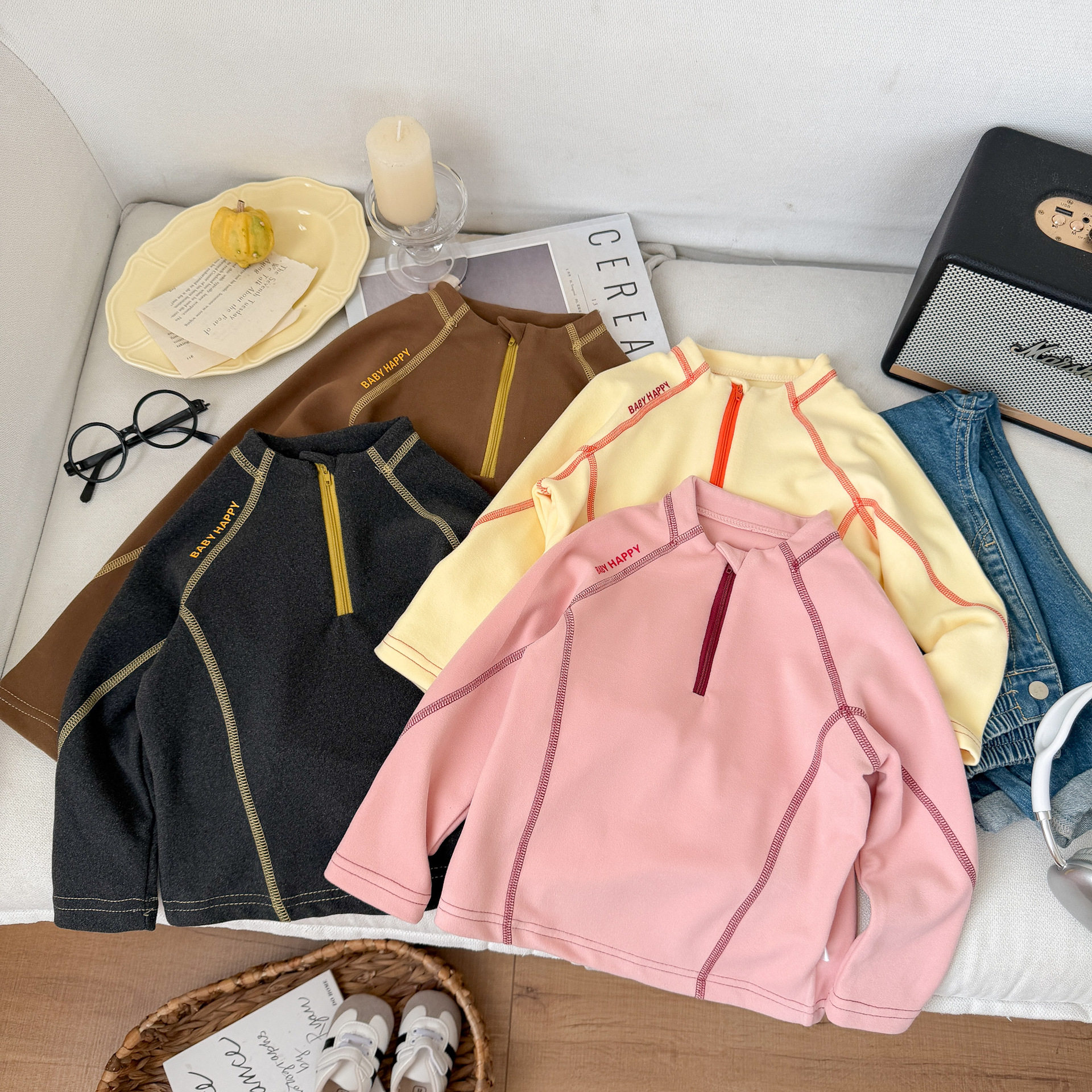 儿童长袖T恤立领保暖打底衫上衣秋冬校服内搭德绒半拉链打底衫