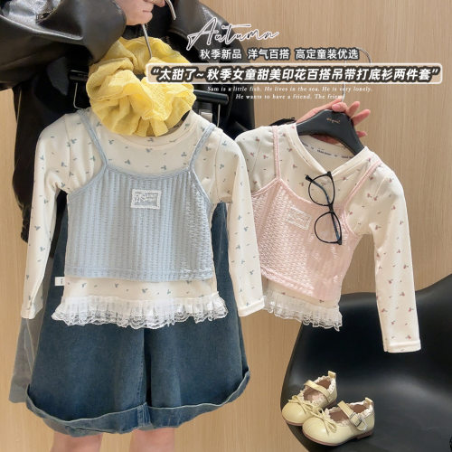 春秋韩系女童小清新打底衫蕾丝花边假两件上衣T恤时尚