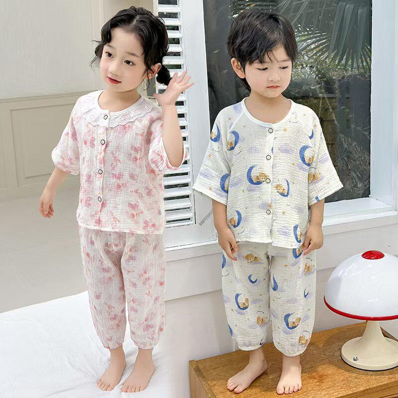 春夏季纯棉儿童睡衣男女童薄款棉纱家居服套装宝宝透气空调服