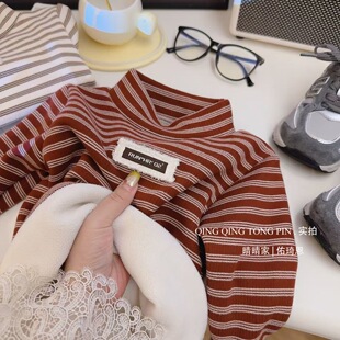 冬季中大童打底衫加绒加厚女童高领上衣双面绒条纹儿童保暖内衣