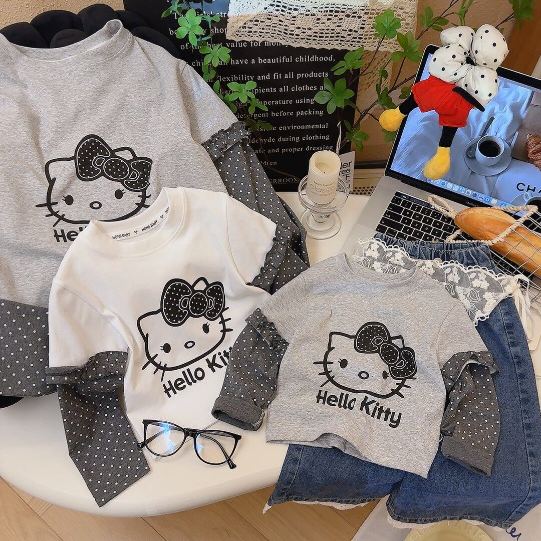 2026春季新款女童假两件长袖T恤棉质可爱小猫休闲打底上衣甜美