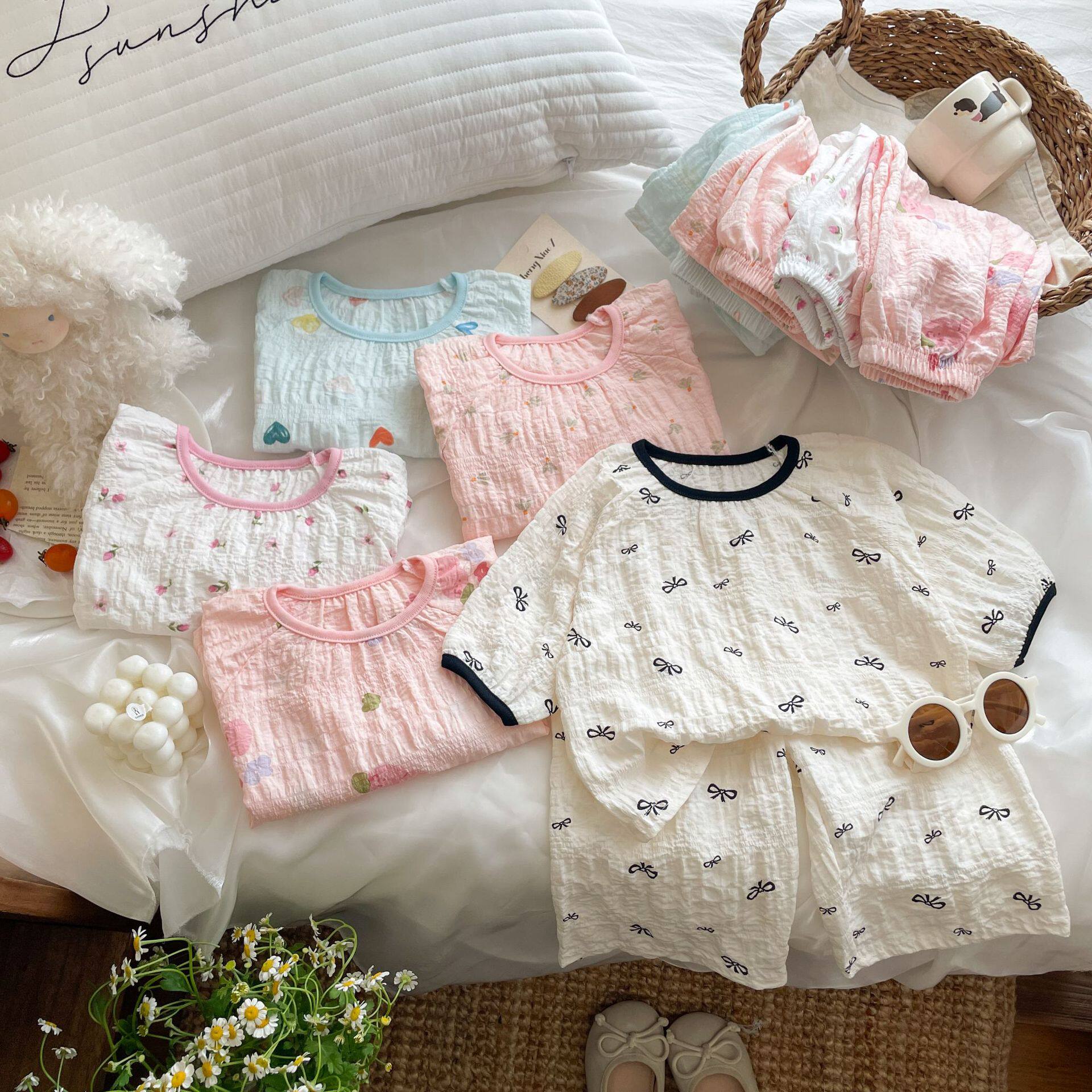 春夏薄款儿童家居服7A时光棉空调服五分袖七分裤外穿服套装女童