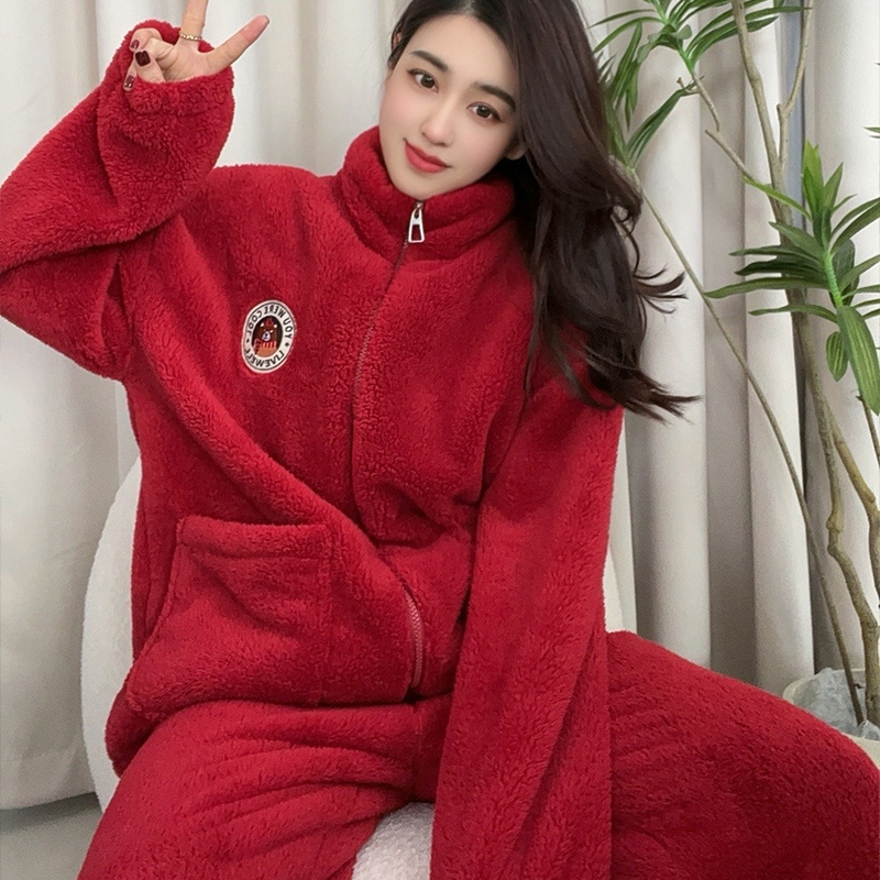 新年红萌熊秋冬季拉链可外穿珊瑚绒法兰绒加绒加厚保暖家居服套装