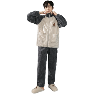 冬季睡衣男法兰绒秋冬款拉链保暖加绒加厚青少年珊瑚绒家居服套装