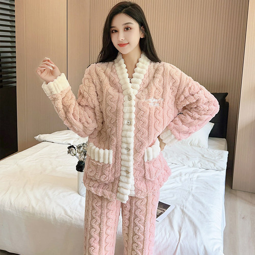字母提花珊瑚绒睡衣女秋冬季加绒加厚保暖冬季冬天大码家居服套装