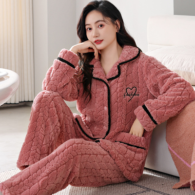 秋冬季珊瑚绒睡衣女加绒加厚大码保暖冬天法兰绒中老年家居服套装