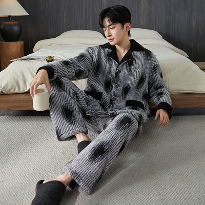 秋冬季新款睡衣男士冬款法兰绒加厚加绒保暖珊瑚绒家居服冬天套装