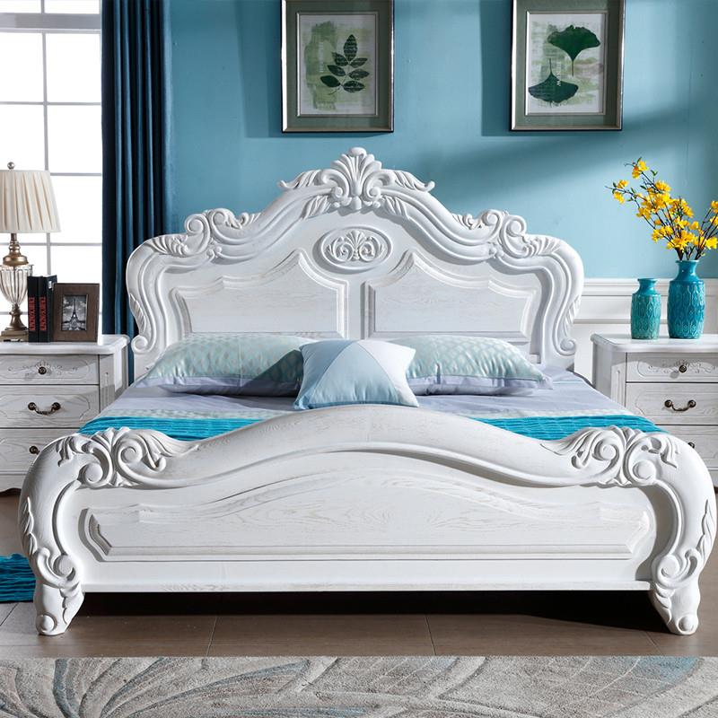 纯实木欧式法式床榆木雕花双人1.8米卧室大床白色开放漆公主婚床