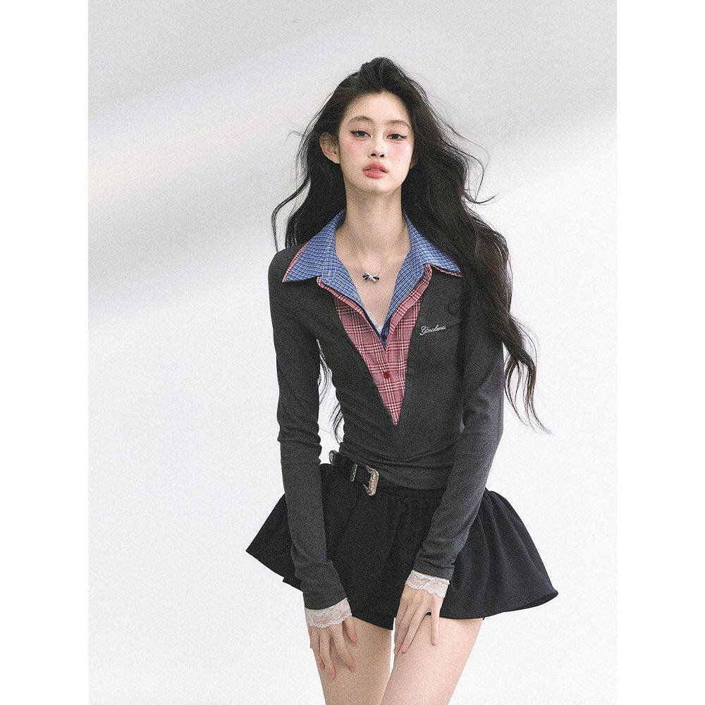 东京优等生 假两件美式长袖辣妹T恤女夏收腰设计感上衣+裙裤套装