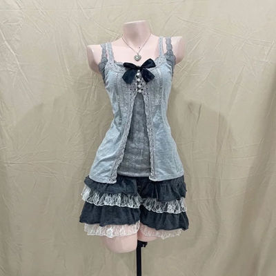 古早千金 夏装新款日系软妹学院甜美风蝴蝶结蕾丝拼接短裙三件套