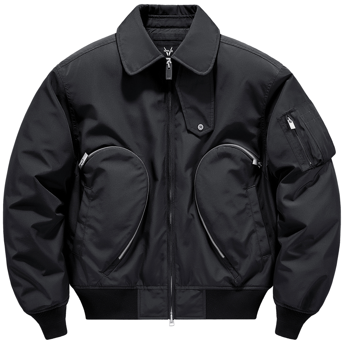 双拉链多口袋翻领飞行员棉服外套