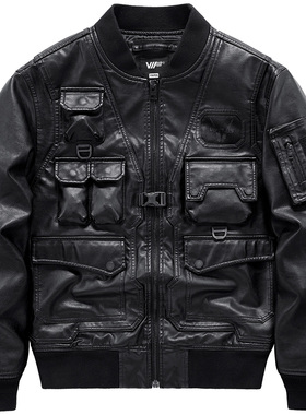 VIP机车皮衣男假两件飞行员皮夹克潮牌棒球服机能多口袋工装外套