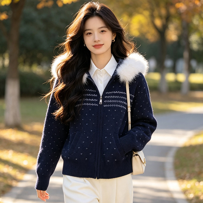 大毛领拉链毛衣针织开衫外套女