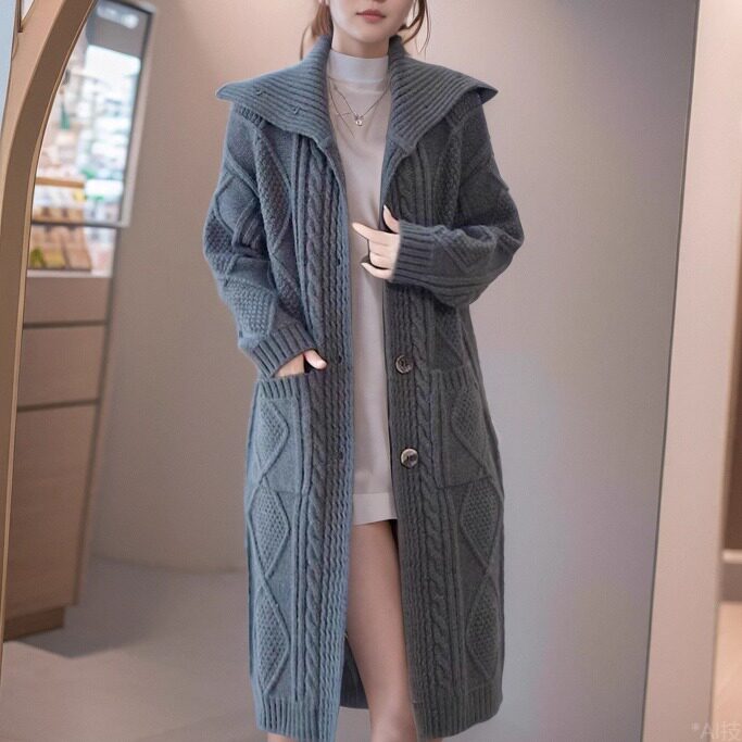 秋冬翻领毛衣外套女开衫中长款羊绒大衣羊毛针织衫加厚粗线妈妈款