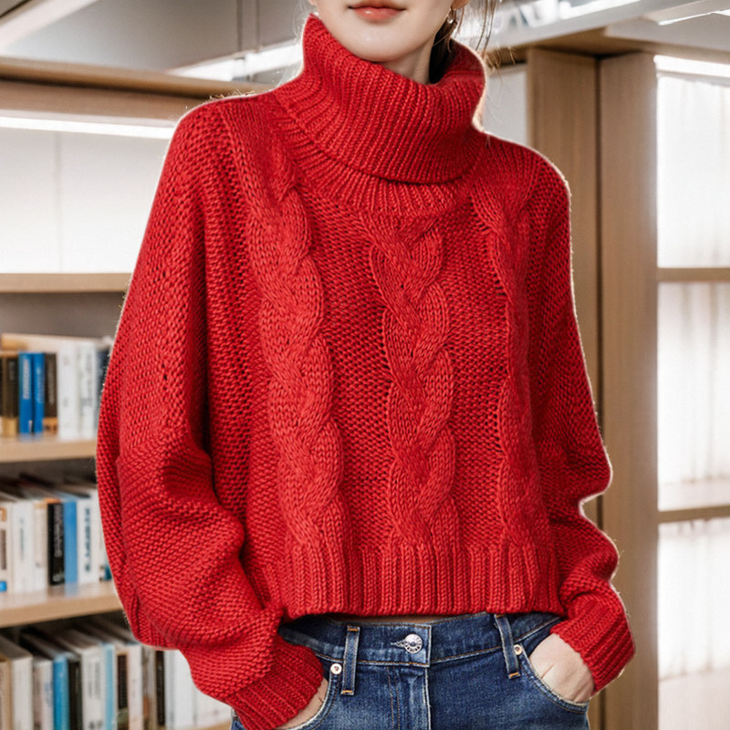 麻花棉线红色高领毛衣女套头加绒加厚针织衫短款慵懒风打底衫欧版