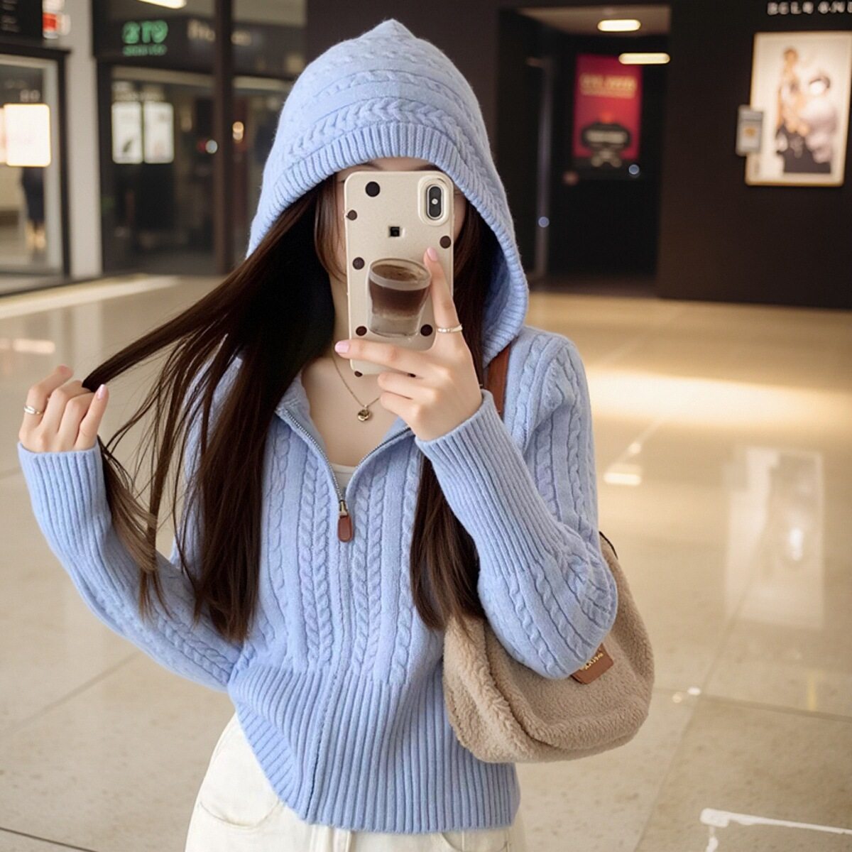 拉链麻花连帽毛衣外套女开衫针织