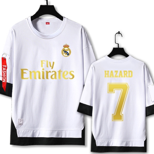 皇马队服本泽马阿扎尔足球衣服短袖t恤衫男女五分袖休闲运动中袖