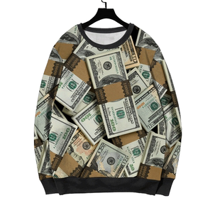 美元美金纸币各国货币金钱符号圆领卫衣套头男女创意加绒长袖衣服