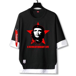 切格瓦拉古巴红色革命英雄纪念短袖t恤衫男五分袖衣服假两件半袖
