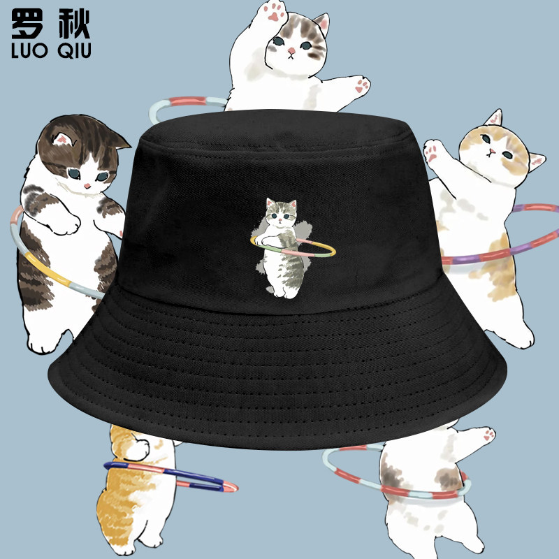 猫咪减肥猫运动减肥呆萌可爱小猫图案日系渔夫帽子男女盆帽遮阳帽