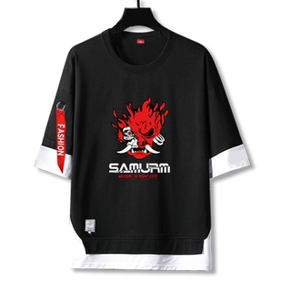赛博朋克2077游戏周边假两件5五分袖男女短袖t恤衫中袖宽松上衣服