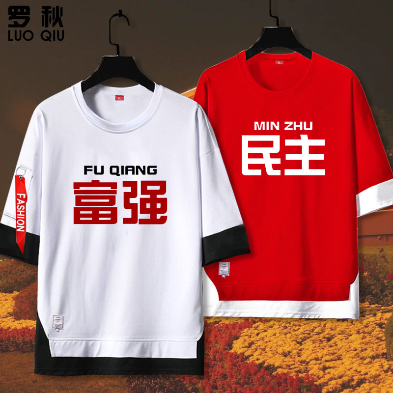 核心价值观富强民主五分袖假两件