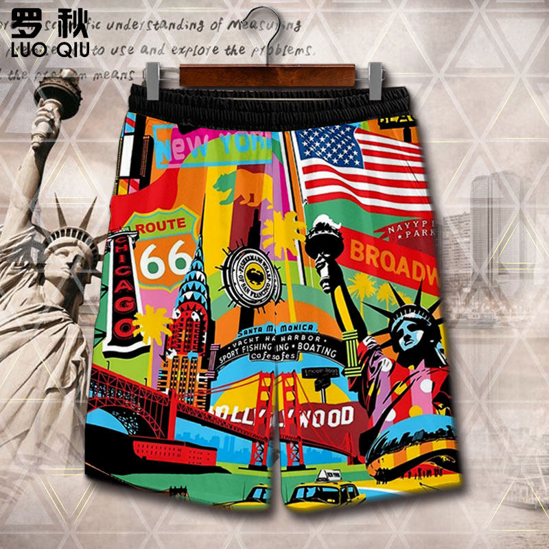 纽约城市建筑美国自由女神像速干短裤男士五分裤中裤子休闲沙滩裤