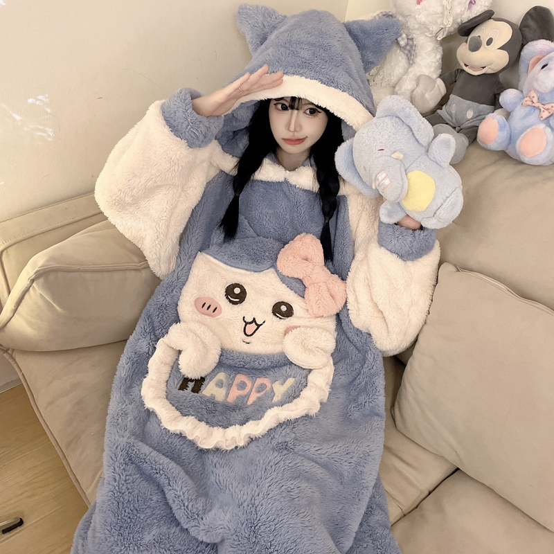 2025新款珊瑚绒连体睡衣秋冬款女卡通可爱胖mm小八睡袋家居服冬