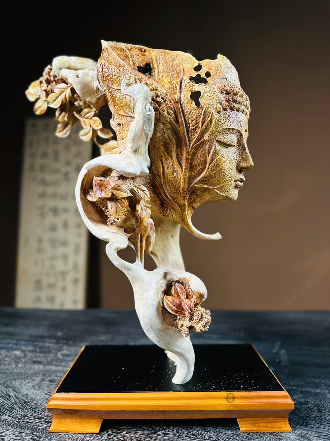崖柏根雕摆件天然随形实木雕刻木雕观音头像公司酒店玄关工艺送礼