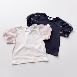 日单MF尾货100-120婴小童女宝宝夏季短袖T恤上衣网纱袖圆领套头