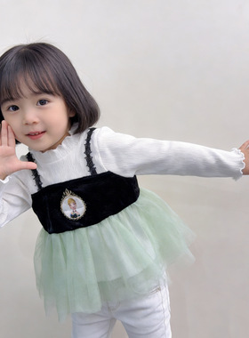 日单cottoli尾货90-130女童春季联名冰雪假两件长袖T恤裙网纱INS