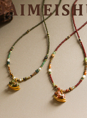 原创新款复古精致滴油木马天然石项链配饰女轻奢小众感锁骨链mini