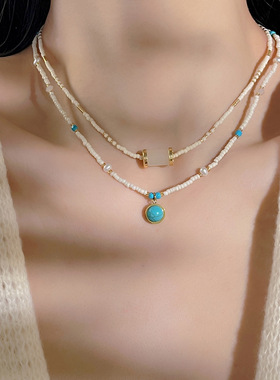 2025新款转运蓝松纯手工文艺小清新天然石串珠项链女叠戴锁骨