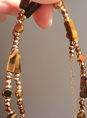 新中式复古串珠项链女新款ins小众设计感天然虎眼石锁骨链毛衣链