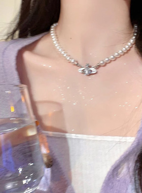 西太后锆石土星球珍珠项链女款2024新款爆款时尚感毛衣链颈链