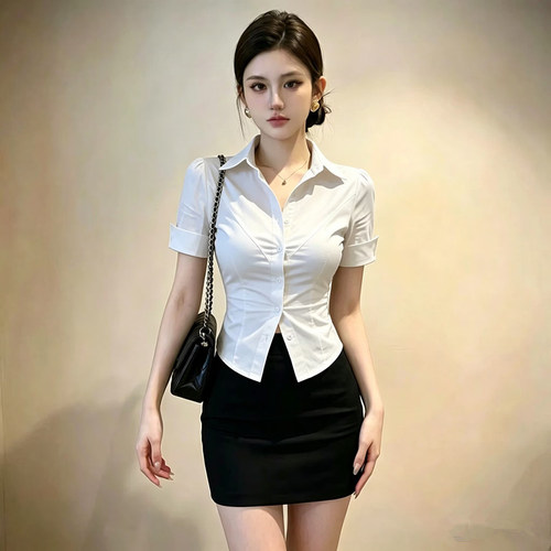 酒店养生沐足技师前台职业装OL风女短袖白衬衫套装收腰衬衣包臀裙