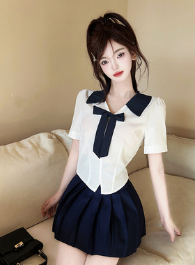 美容院spa高端会所女甜美jk制服蓝色翻领短袖衬衫短裙足道技师服